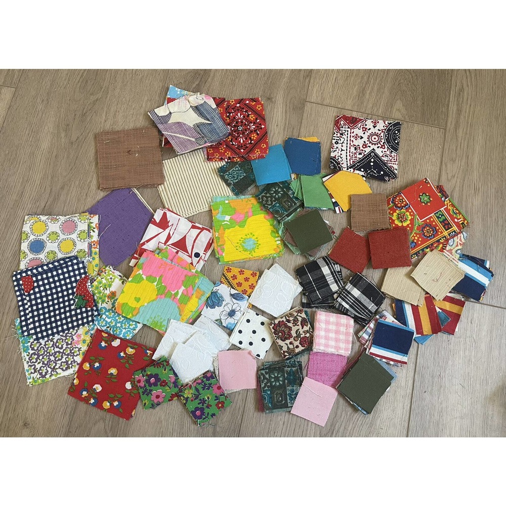 Lot of Vintage 60s 70s Mod Floral Quilting Craft Fabric Squares Scraps 2" and 4"